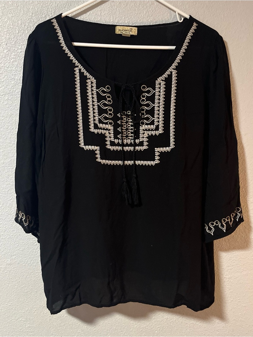 One World Black Boho Embroidered Peasant 1/2 Sleeve Blouse W/Tassel Tie Size L